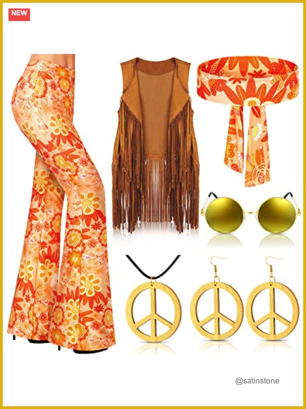 7 Pc 60s 70s Hippie Costume Set Flared Pants Fringe Vest Peace Sign Women